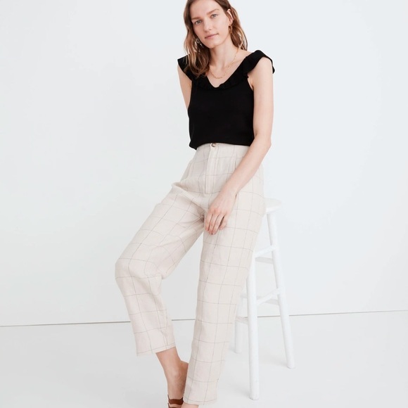 MADEWELL Linen Pleated Taper Wide-Leg Pants in Windowpane size 10 - Picture 1 of 7